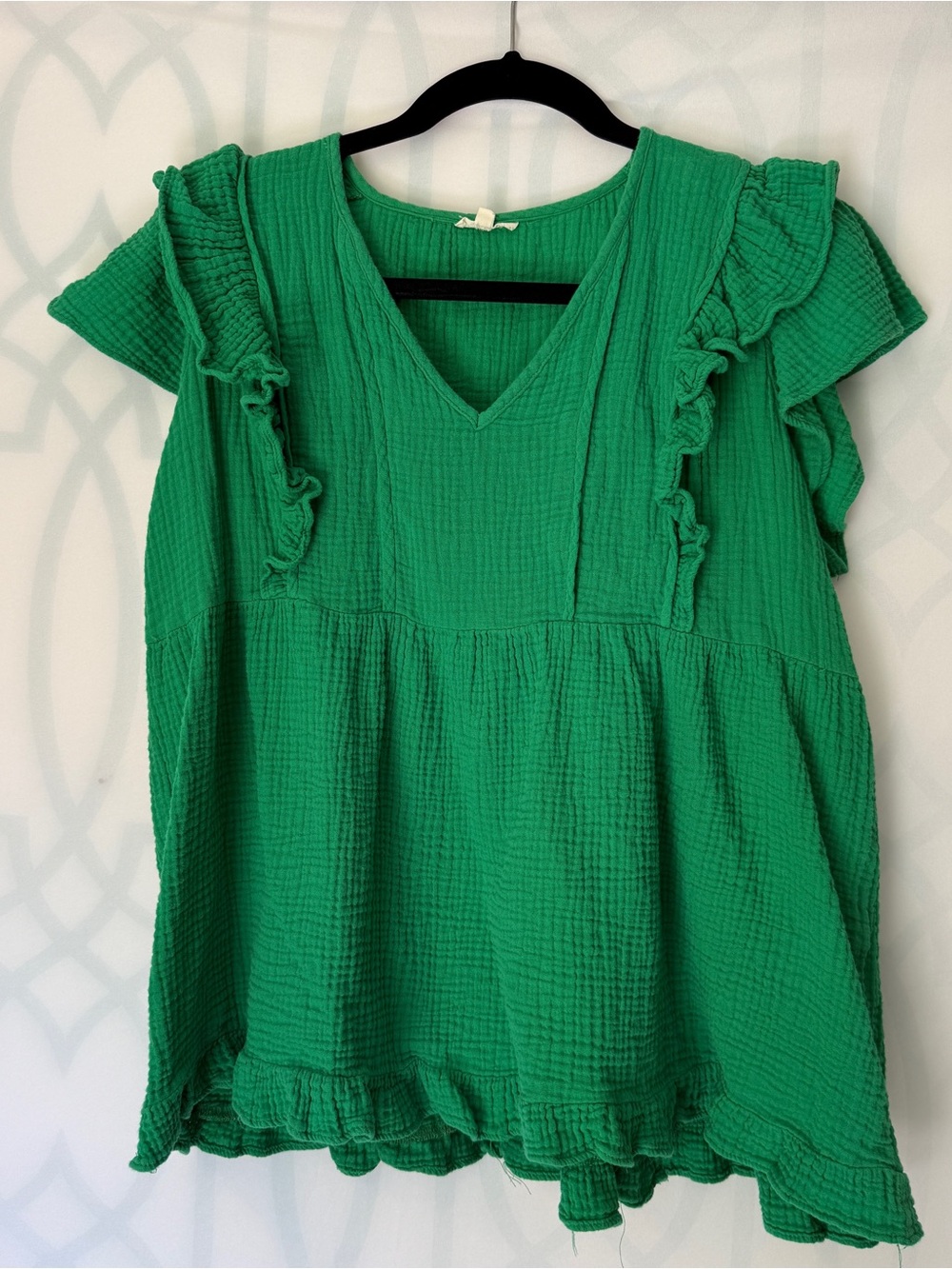 Women’s Ruffle Sleeve V-Neck Top - Green 100% Cotton
